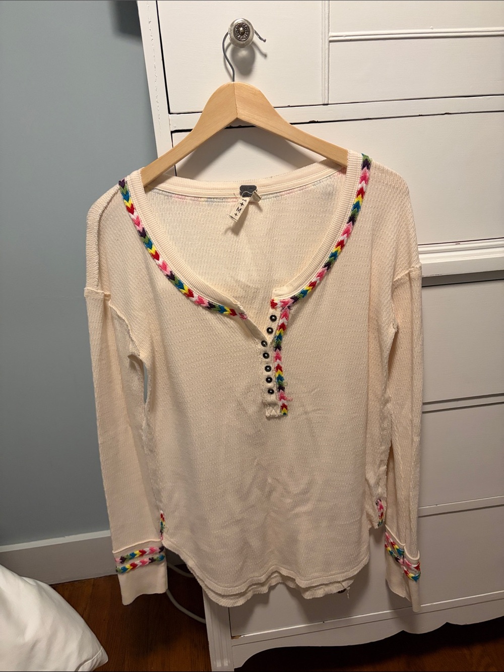 Free People Cream Waffle Henley with Multicolor Braided Trim